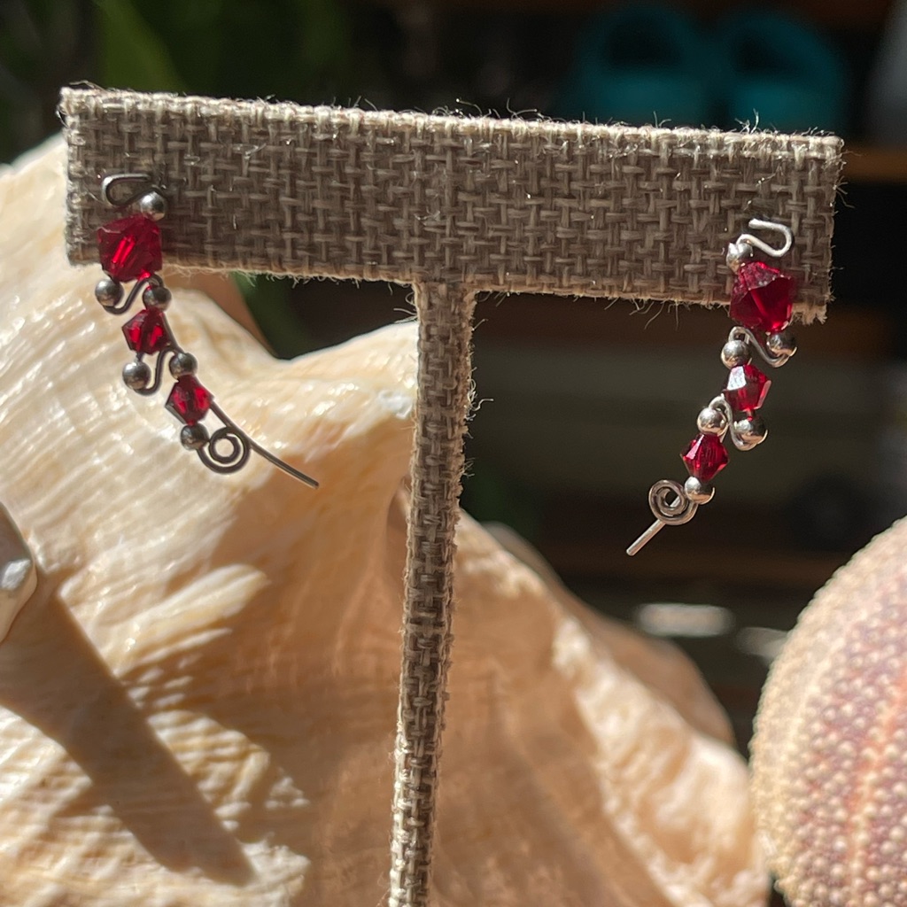 Ear Climbers Ear Crawlers Sweeps Earrings Silver Fuchsia Crystal